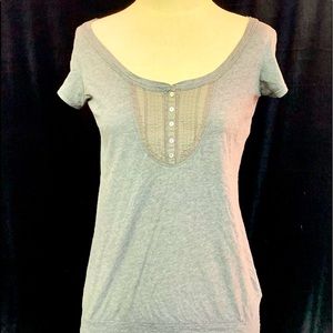 AE grey scoop neck t shirt with button/pleat/cuff